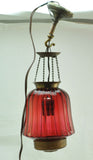Antique Ribbed Cranberry Glass Blown Hanging Lamp Electrified
