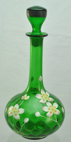 Antique Enameled Green Glass Floral Decanter circa 1900