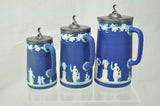 Set of 3 Wedgwood Dark Blue Jasperware Covered Pitchers 19th Century