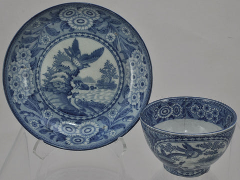 Bird Cartouches Blue Transferware Staffordshire Handleless Cup and Saucer 1810