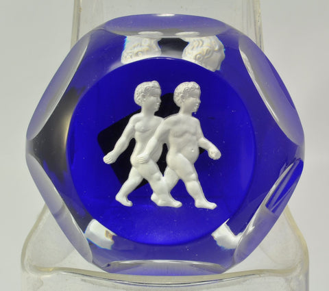 Baccarat Gemini Zodiac Sulfide Dark Blue Background Art Glass Paperweight