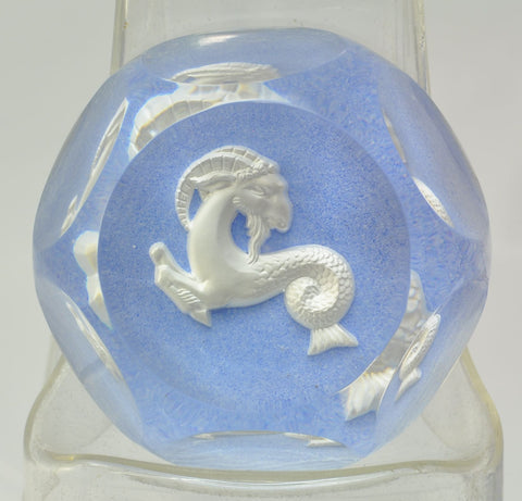 Baccarat Capricorn Zodiac Sulfide Light Blue Background Art Glass Paperweight