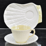 Vintage Irish Belleek Limpet with Yellow Cup Saucer Snack Plate Green Marks