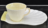 Vintage Irish Belleek Limpet with Yellow Cup Saucer Snack Plate Green Marks