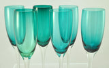 Set of 6 Hand Blown Blue Glass 10 Inch Champagne Flutes
