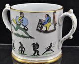 Antique Elsmore Forster Harlequin Columbine Enameled Loving Cup Mug 19th Century