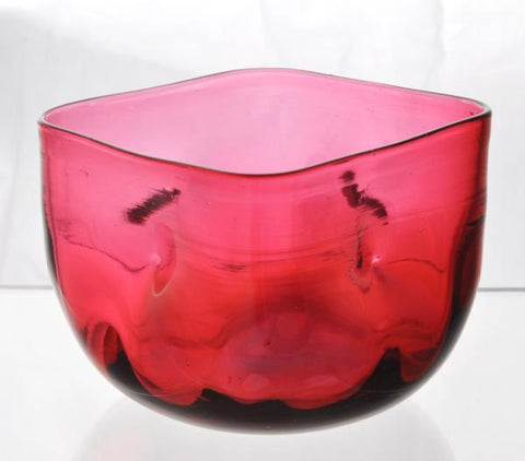 Antique Cranberry Glass Blown Pinched Square Bowl circa 1880.