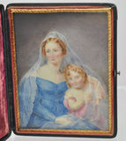 Exquisite William IV Watercolor of Mother and Child in Leather Case 1835
