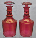 Pair of Vintage Cranberry Glass Decanters with Mushroom Stoppers