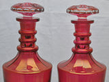 Pair of Vintage Cranberry Glass Decanters with Mushroom Stoppers