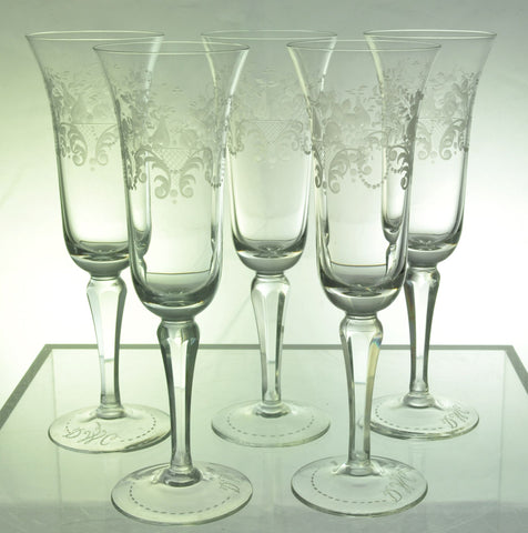 Set of 5 Seneca Wheel Cut Champagne Flute Glasses Mint Condition circa 1930